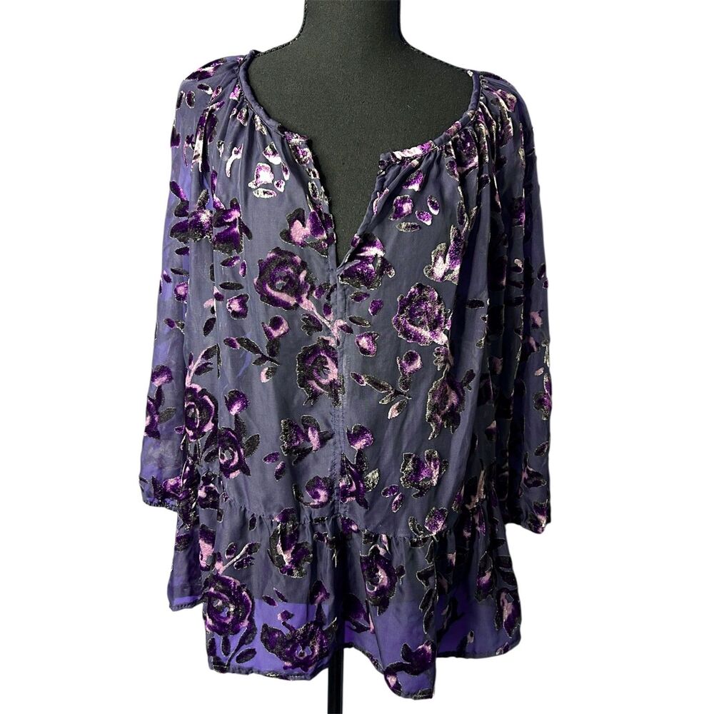 Womens Purple Velvet Burnout Sheer Top Sz L Dark Forest Fairy Grunge Romantic